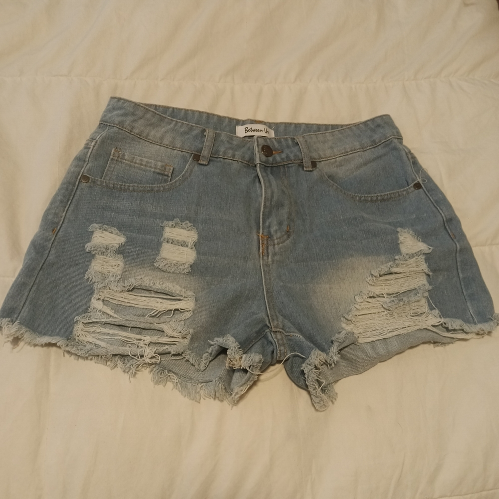Blue Distressed Jean Shorts with Frayed Hem